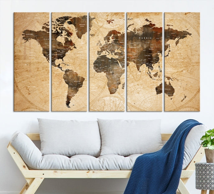 Old Style World Map with Push Pins Detailed Map Canvas Wall Art Print Apartment Decor