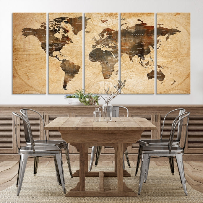 Old Style World Map with Push Pins Detailed Map Canvas Wall Art Print Apartment Decor