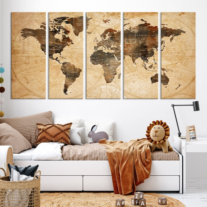 Old Style World Map with Push Pins Detailed Map Canvas Wall Art Print Apartment Decor