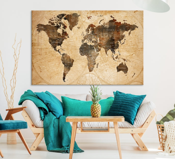 Old Style World Map with Push Pins Detailed Map Canvas Wall Art Print Apartment Decor