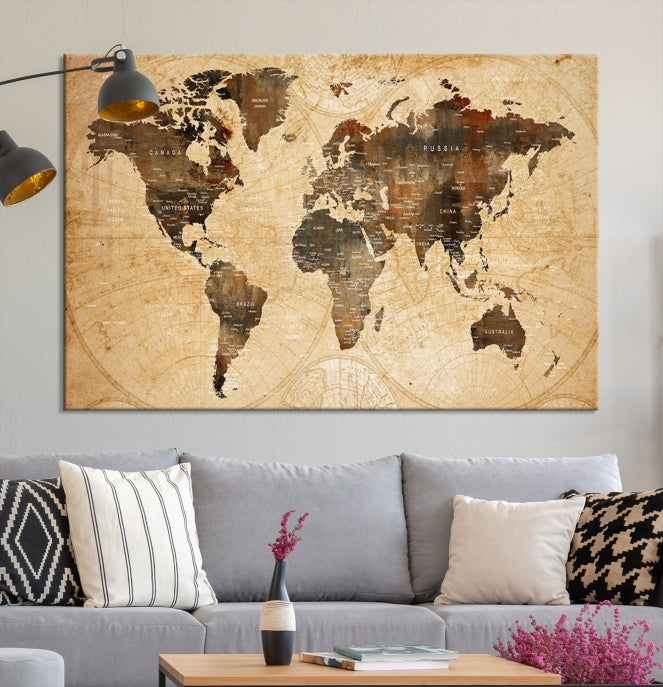 Old Style World Map with Push Pins Detailed Map Canvas Wall Art Print Apartment Decor