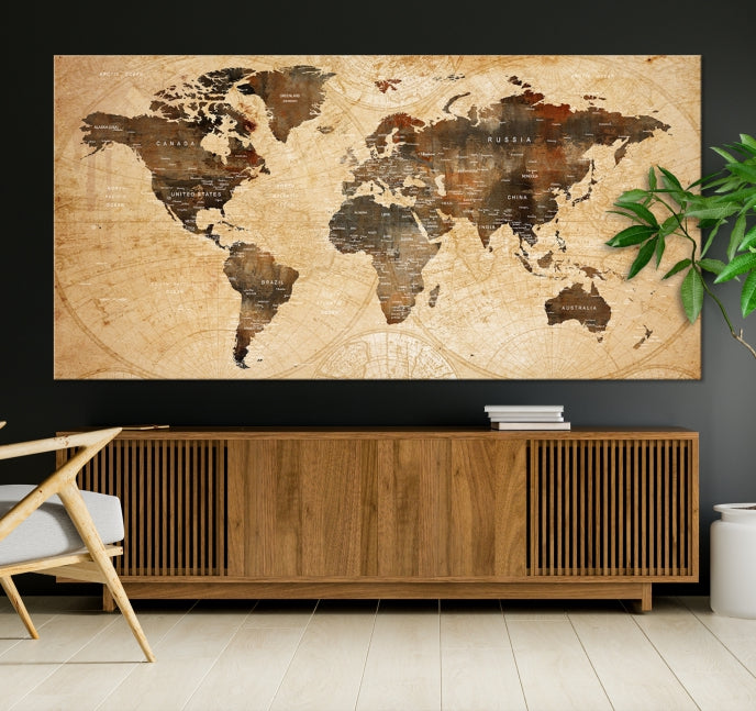 Old Style World Map with Push Pins Detailed Map Canvas Wall Art Print Apartment Decor