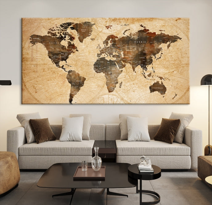 Old Style World Map with Push Pins Detailed Map Canvas Wall Art Print Apartment Decor