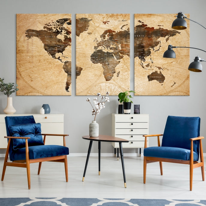 Old Style World Map with Push Pins Detailed Map Canvas Wall Art Print Apartment Decor