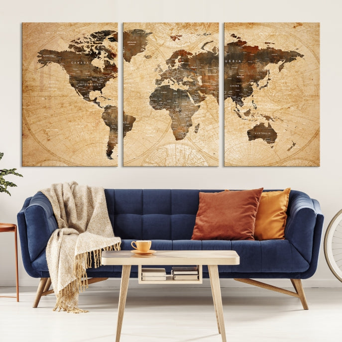 Old Style World Map with Push Pins Detailed Map Canvas Wall Art Print Apartment Decor