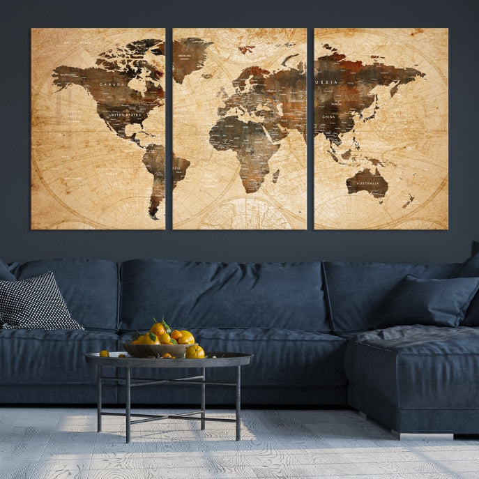 Old Style World Map with Push Pins Detailed Map Canvas Wall Art Print Apartment Decor