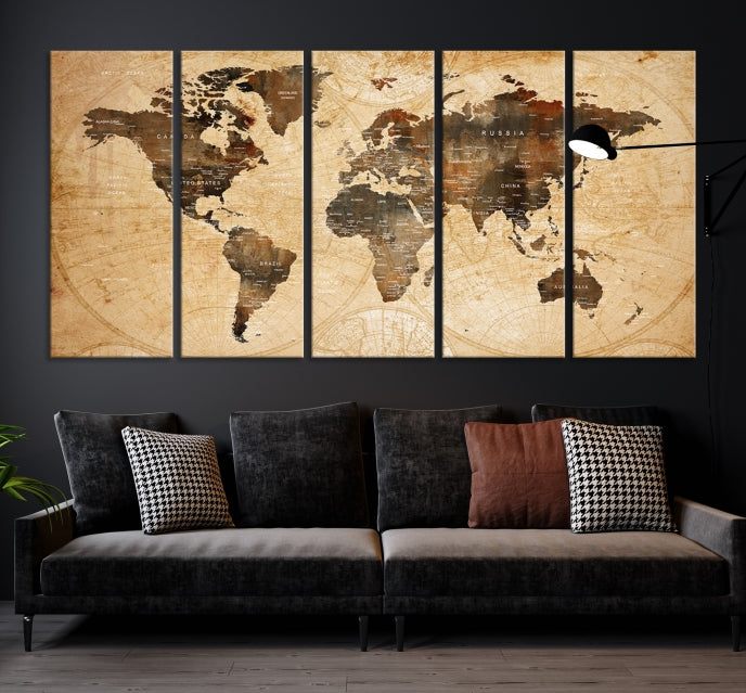 Old Style World Map with Push Pins Detailed Map Canvas Wall Art Print Apartment Decor