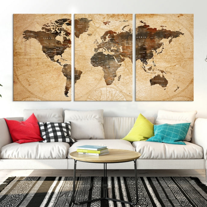 Old Style World Map with Push Pins Detailed Map Canvas Wall Art Print Apartment Decor