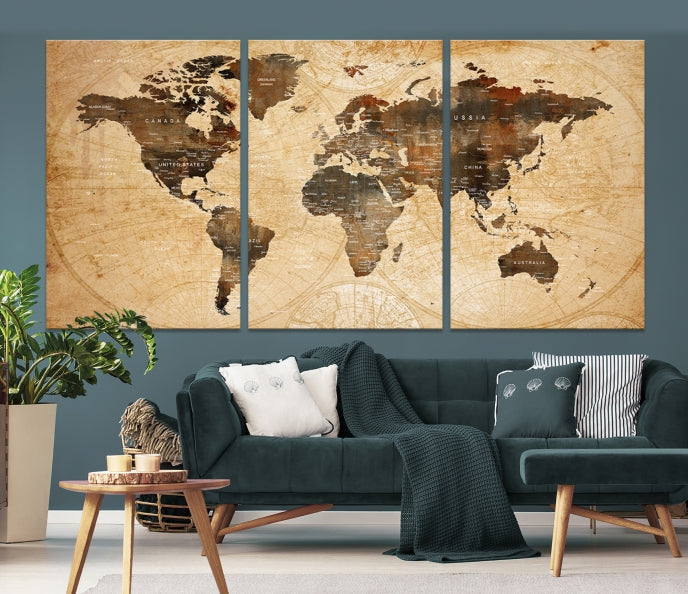 Old Style World Map with Push Pins Detailed Map Canvas Wall Art Print Apartment Decor