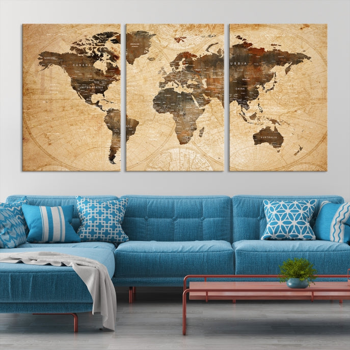 Old Style World Map with Push Pins Detailed Map Canvas Wall Art Print Apartment Decor