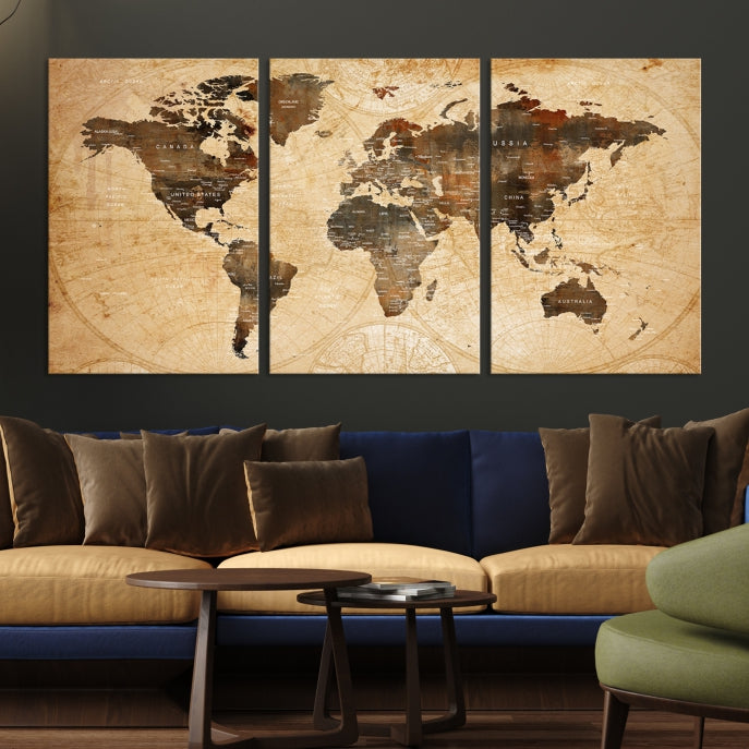 Old Style World Map with Push Pins Detailed Map Canvas Wall Art Print Apartment Decor