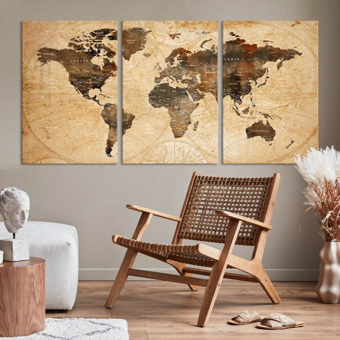 Old Style World Map with Push Pins Detailed Map Canvas Wall Art Print Apartment Decor