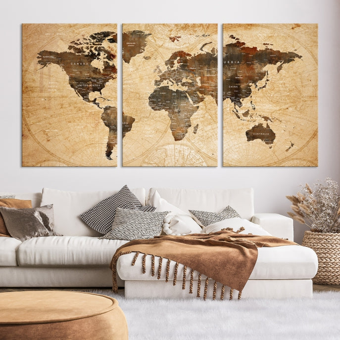 Old Style World Map with Push Pins Detailed Map Canvas Wall Art Print Apartment Decor