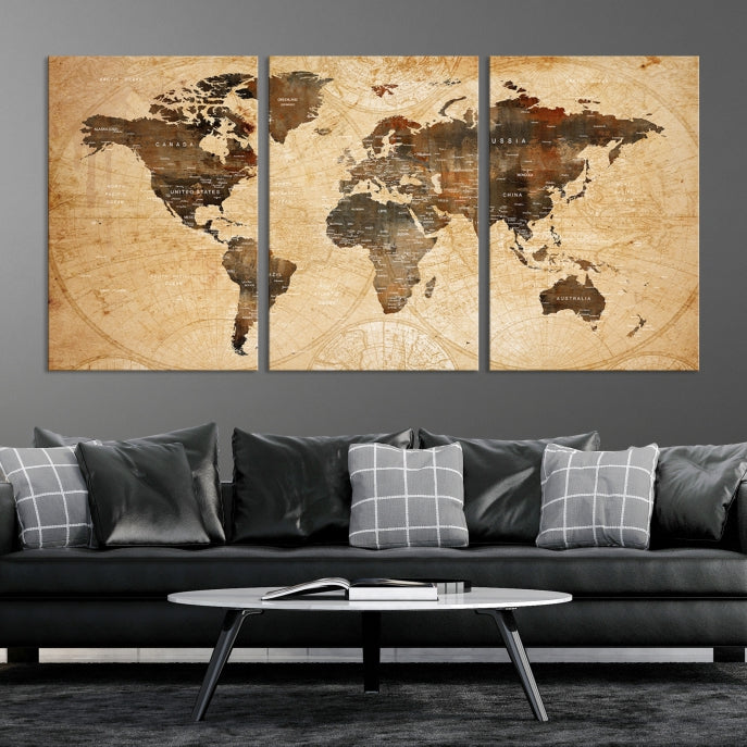 Old Style World Map with Push Pins Detailed Map Canvas Wall Art Print Apartment Decor