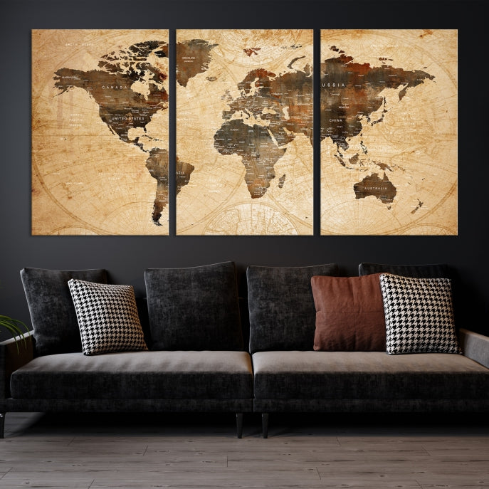 Old Style World Map with Push Pins Detailed Map Canvas Wall Art Print Apartment Decor