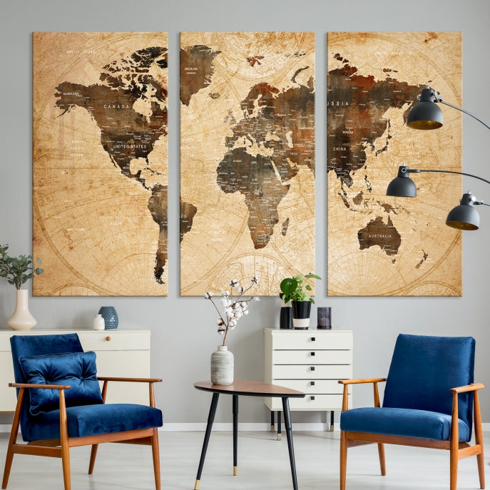 Old Style World Map with Push Pins Detailed Map Canvas Wall Art Print Apartment Decor