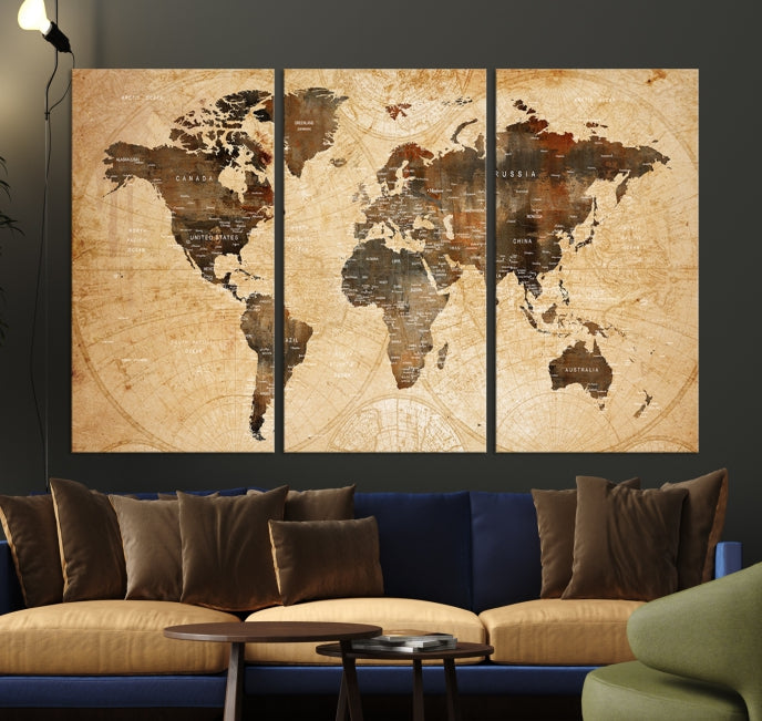 Old Style World Map with Push Pins Detailed Map Canvas Wall Art Print Apartment Decor