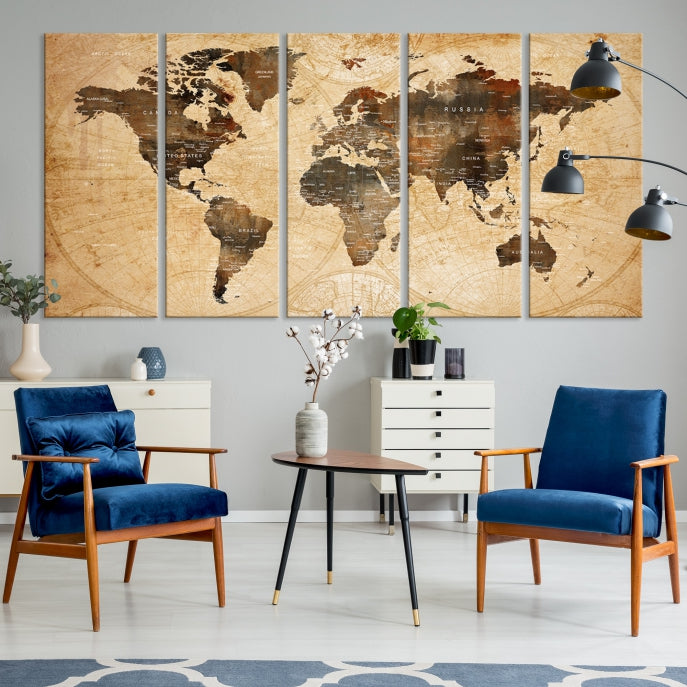 Old Style World Map with Push Pins Detailed Map Canvas Wall Art Print Apartment Decor