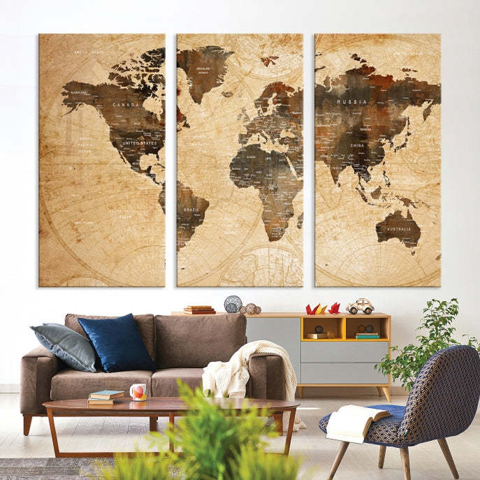 Old Style World Map with Push Pins Detailed Map Canvas Wall Art Print Apartment Decor