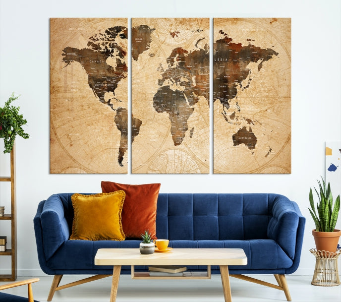 Old Style World Map with Push Pins Detailed Map Canvas Wall Art Print Apartment Decor