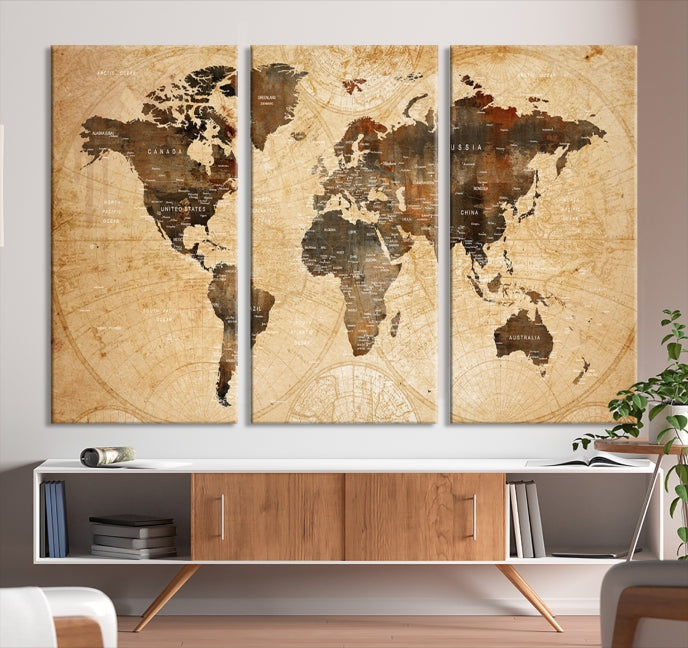 Old Style World Map with Push Pins Detailed Map Canvas Wall Art Print Apartment Decor