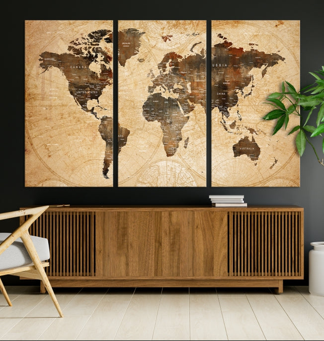 Old Style World Map with Push Pins Detailed Map Canvas Wall Art Print Apartment Decor