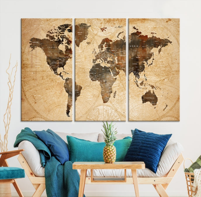 Old Style World Map with Push Pins Detailed Map Canvas Wall Art Print Apartment Decor