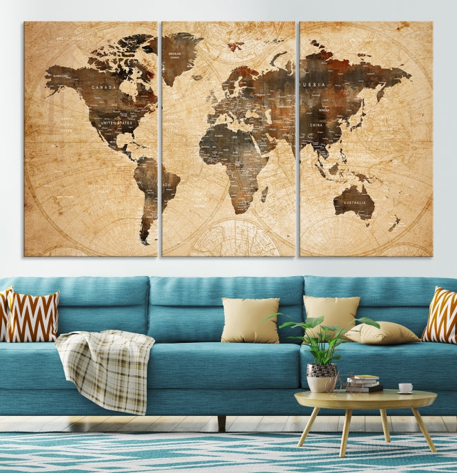 Old Style World Map with Push Pins Detailed Map Canvas Wall Art Print Apartment Decor