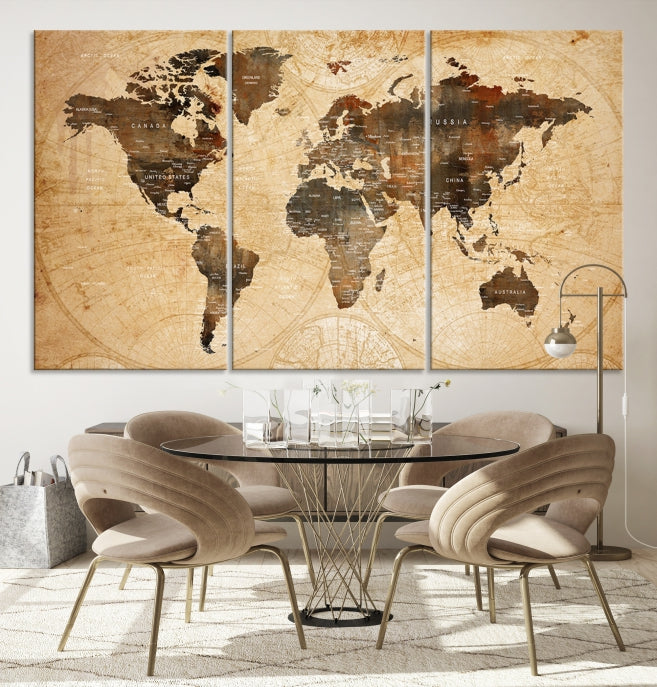 Old Style World Map with Push Pins Detailed Map Canvas Wall Art Print Apartment Decor