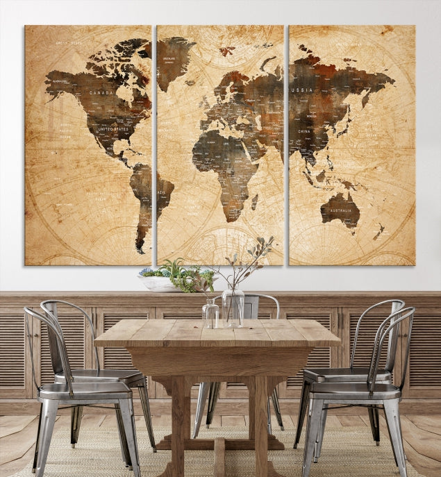 Old Style World Map with Push Pins Detailed Map Canvas Wall Art Print Apartment Decor