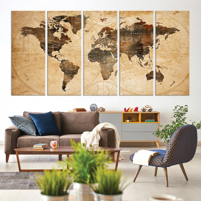 Old Style World Map with Push Pins Detailed Map Canvas Wall Art Print Apartment Decor