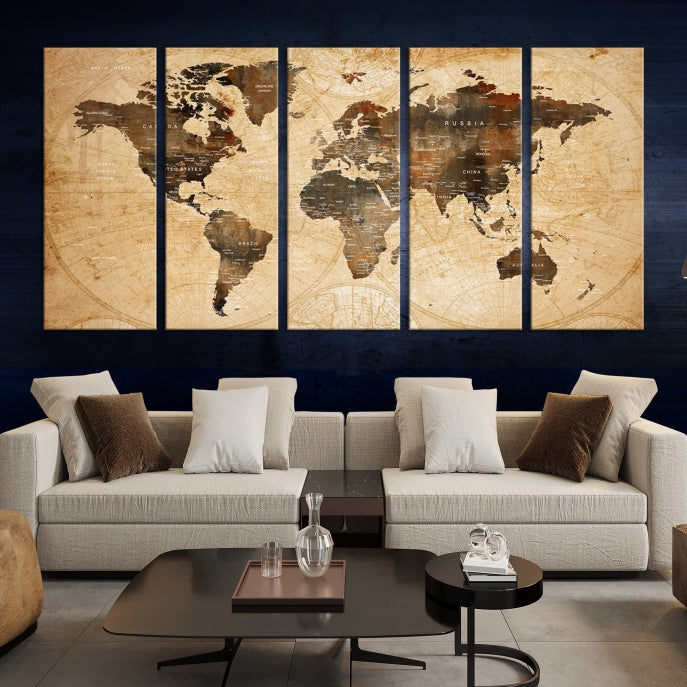 Old Style World Map with Push Pins Detailed Map Canvas Wall Art Print Apartment Decor