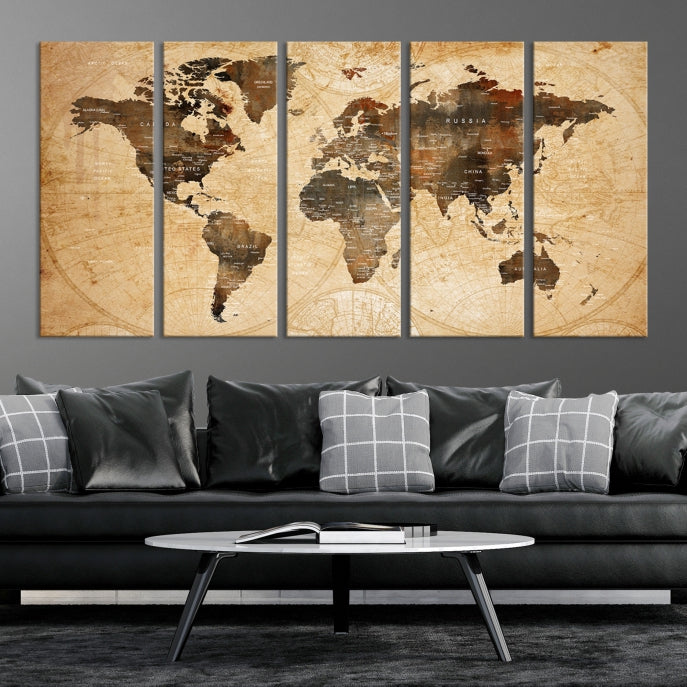 Old Style World Map with Push Pins Detailed Map Canvas Wall Art Print Apartment Decor