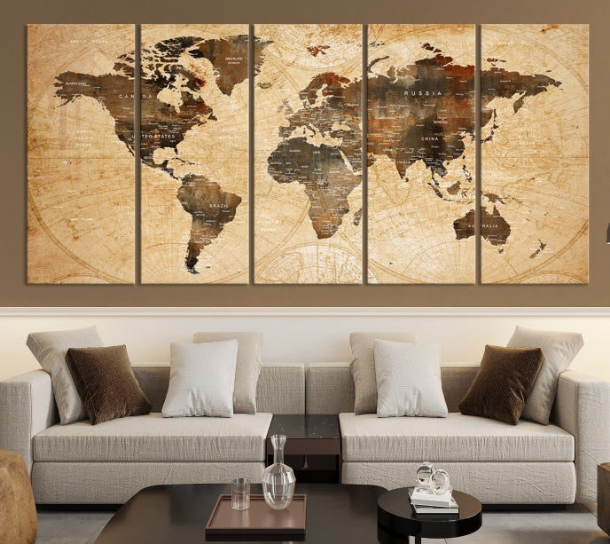 Old Style World Map with Push Pins Detailed Map Canvas Wall Art Print Apartment Decor