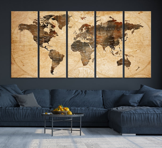 Old Style World Map with Push Pins Detailed Map Canvas Wall Art Print Apartment Decor