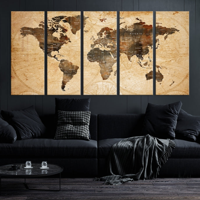 Old Style World Map with Push Pins Detailed Map Canvas Wall Art Print Apartment Decor