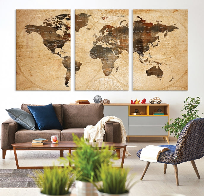 Old Style World Map with Push Pins Detailed Map Canvas Wall Art Print Apartment Decor