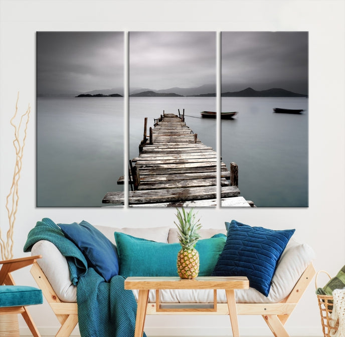 Old Wood Pier and Lake Landscape Large Wall Art Canvas Print