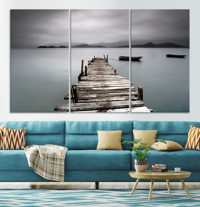 Old Wood Pier and Lake Landscape Large Wall Art Canvas Print