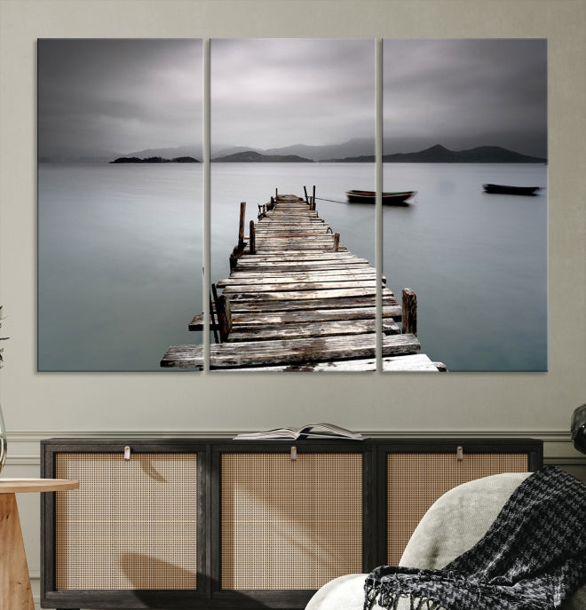 Old Wood Pier and Lake Landscape Large Wall Art Canvas Print