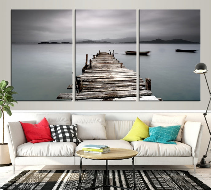 Old Wood Pier and Lake Landscape Large Wall Art Canvas Print