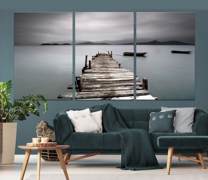 Old Wood Pier and Lake Landscape Large Wall Art Canvas Print