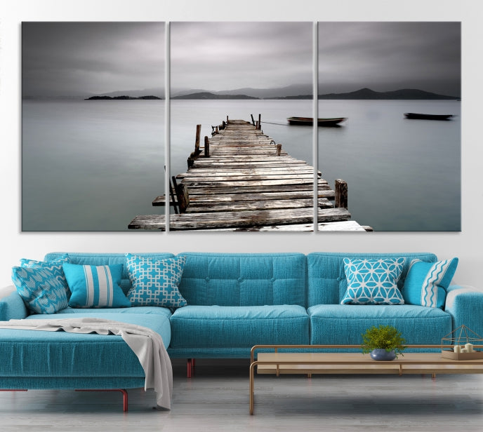 Old Wood Pier and Lake Landscape Large Wall Art Canvas Print