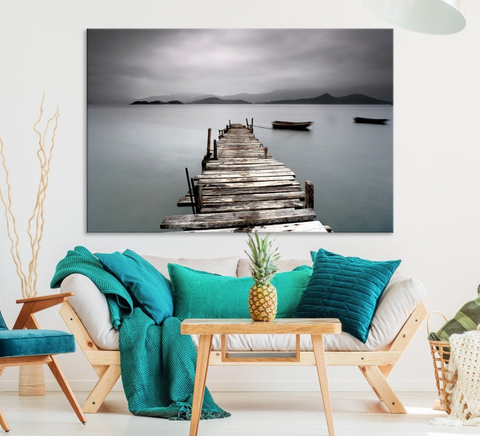 Old Wood Pier and Lake Landscape Large Wall Art Canvas Print