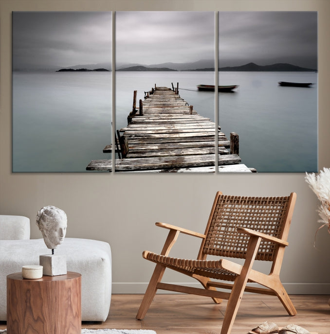 Old Wood Pier and Lake Landscape Large Wall Art Canvas Print