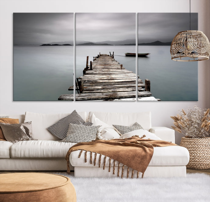 Old Wood Pier and Lake Landscape Large Wall Art Canvas Print