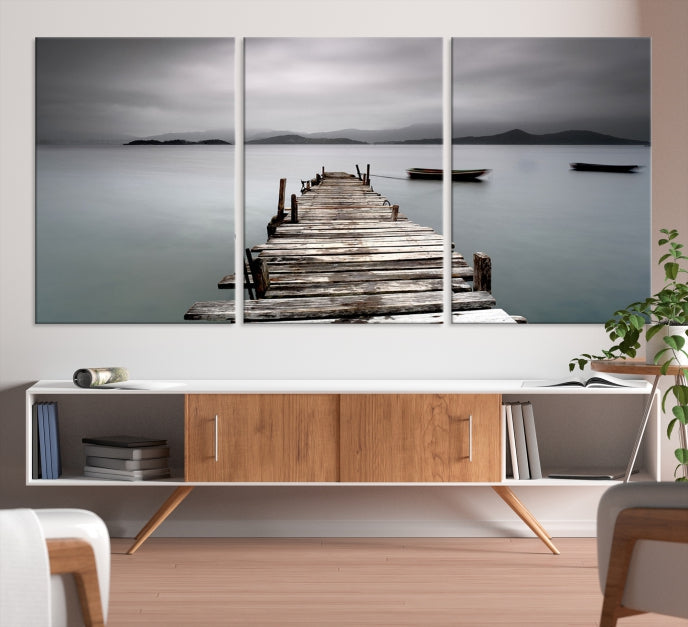 Old Wood Pier and Lake Landscape Large Wall Art Canvas Print