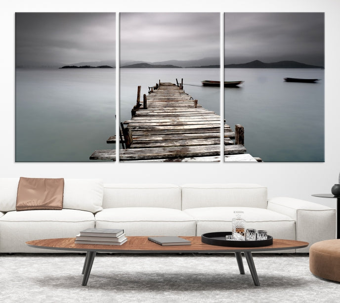 Old Wood Pier and Lake Landscape Large Wall Art Canvas Print