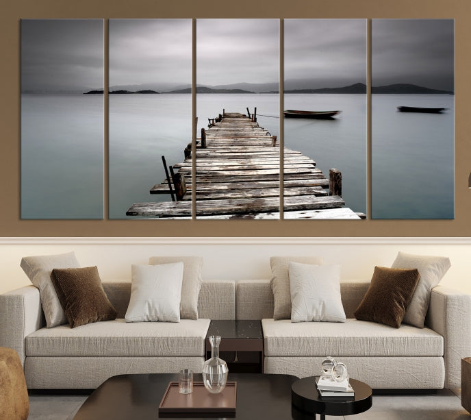 Old Wood Pier and Lake Landscape Large Wall Art Canvas Print