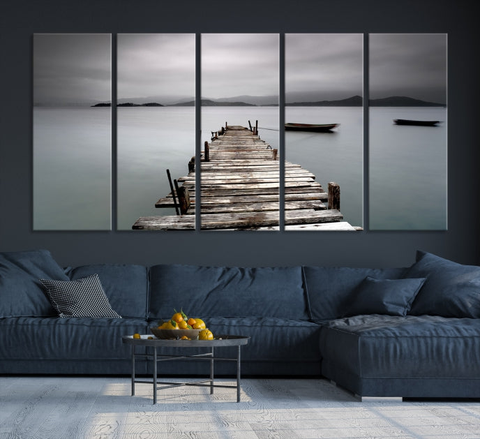 Old Wood Pier and Lake Landscape Large Wall Art Canvas Print